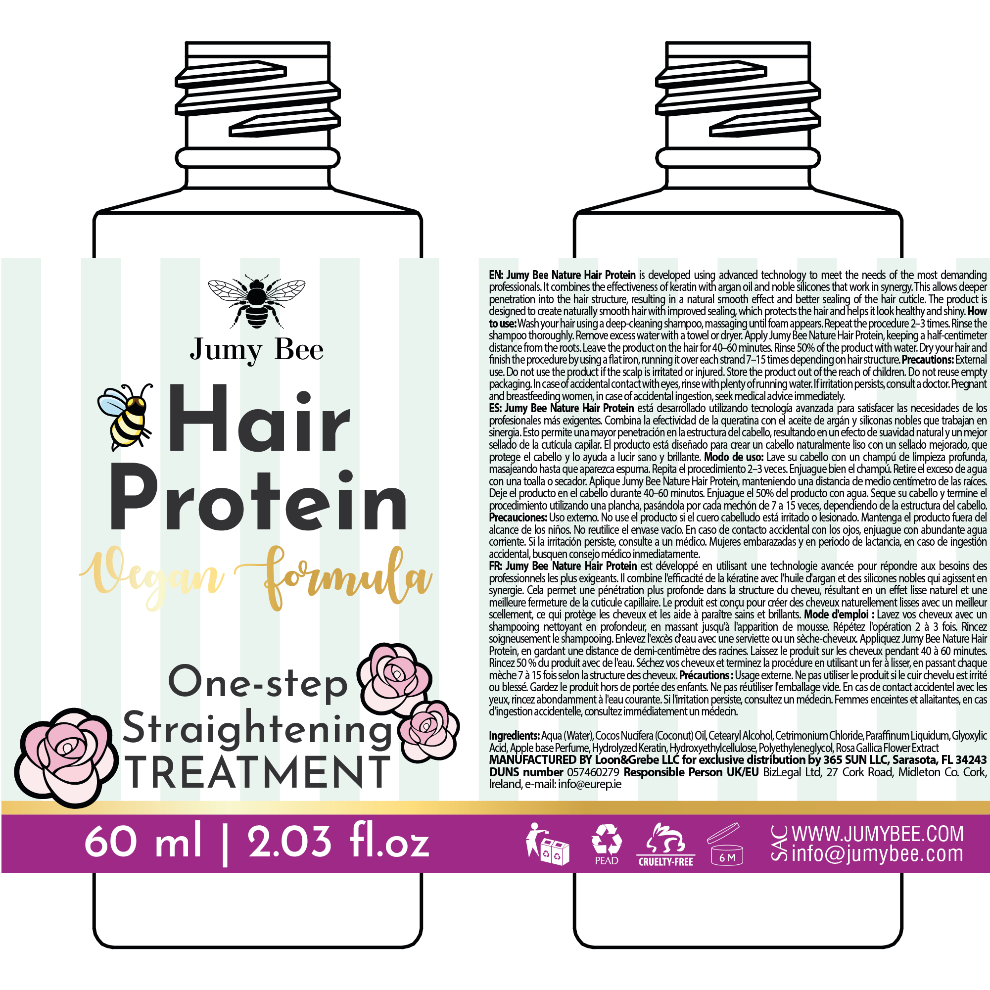 Jumy Bee One‑Step Hair Keratin Smoothing Mask – Keratin + Coconut & Rose (60 ml / 2.03 oz)