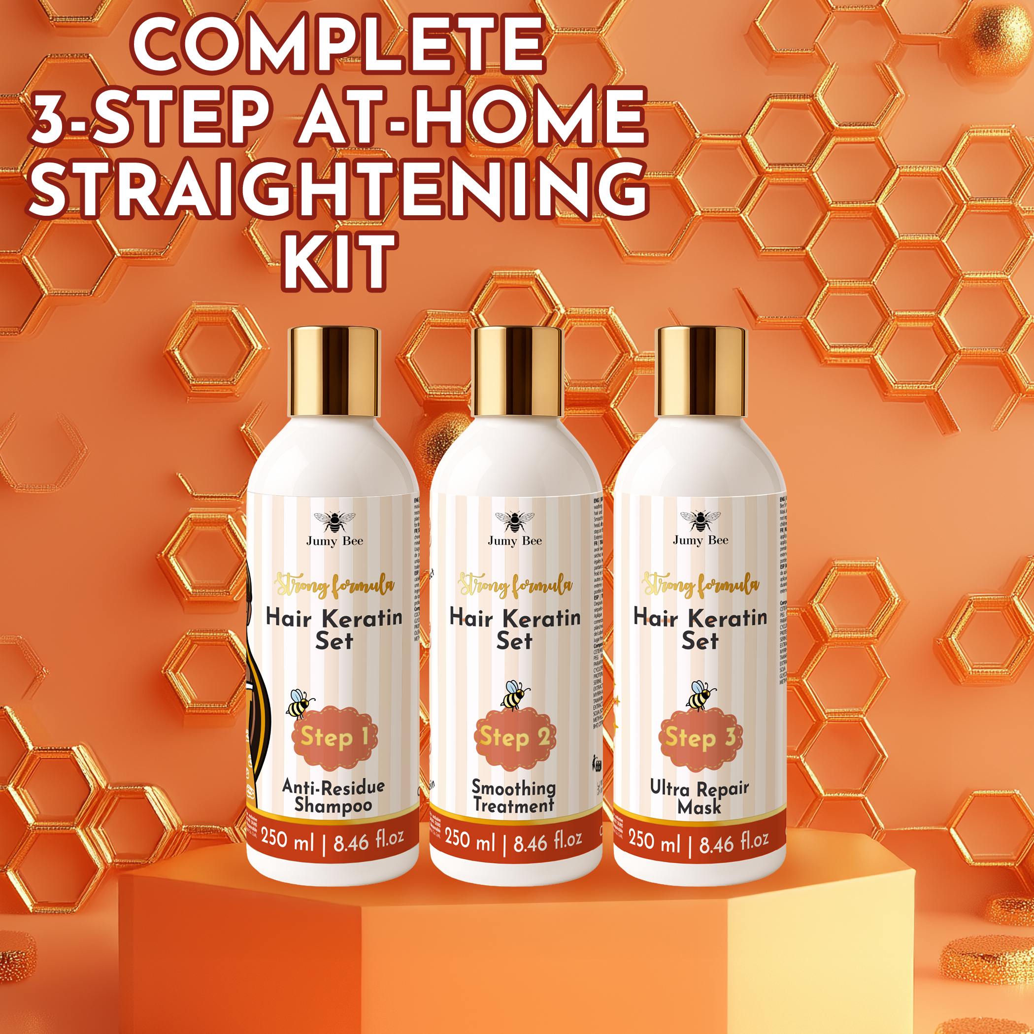 Jumy Bee 3-Step Keratin Hair Treatment Set – For Coarse & Coily Hair – 3x8.4 fl oz / 250 m