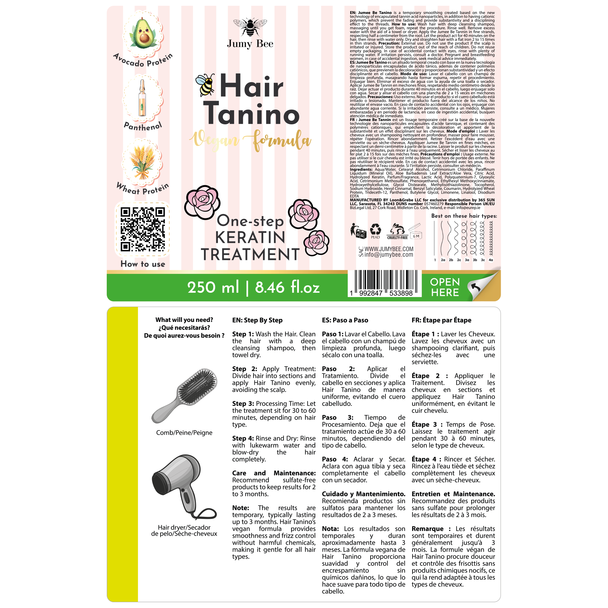 Jumy Bee Tanino Keratin Treatment – Tannin Hair Smoothing (Tanino Fusion) – 8.4 fl oz / 250 m