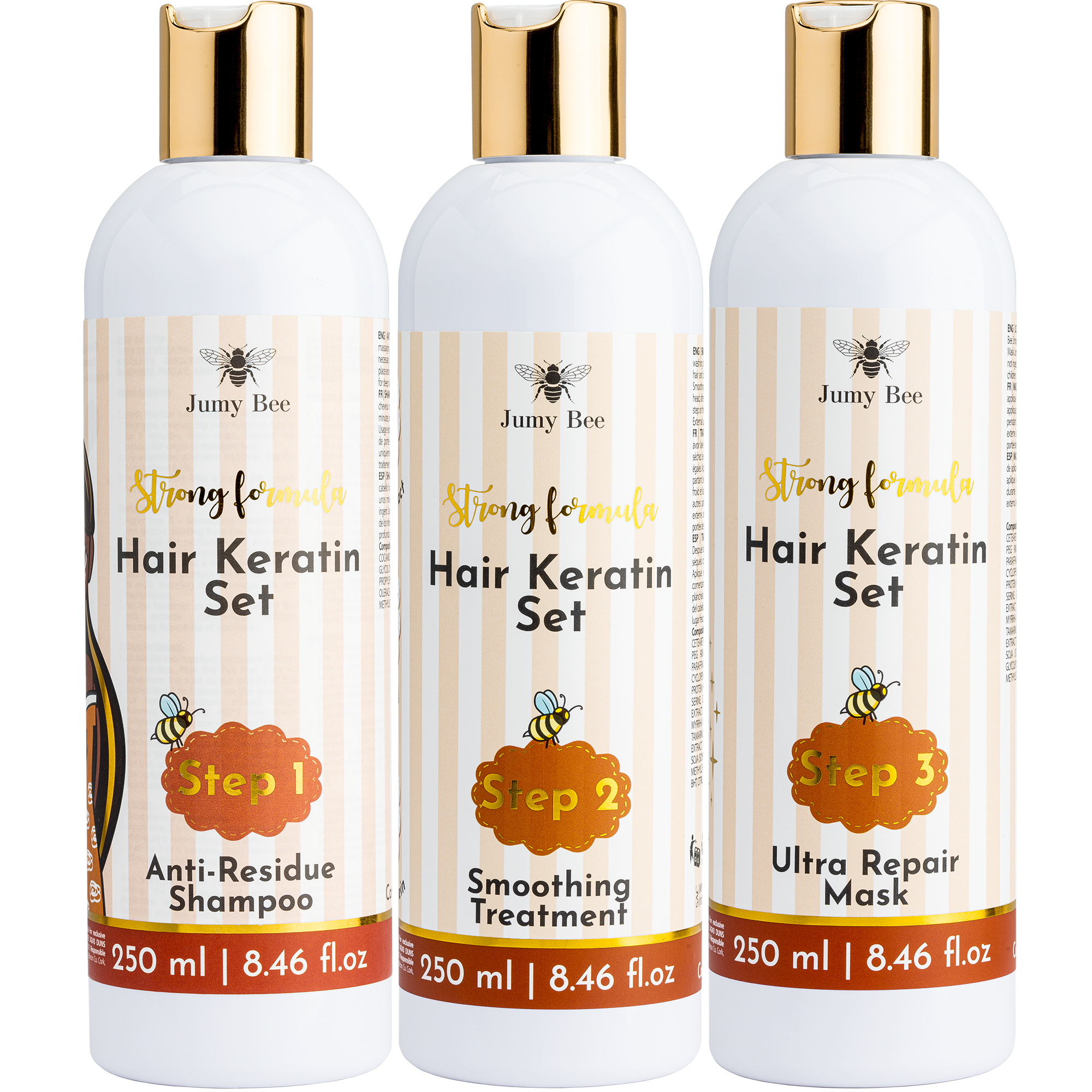 Jumy Bee 3-Step Keratin Hair Treatment Set – For Coarse & Coily Hair – 3x8.4 fl oz / 250 m