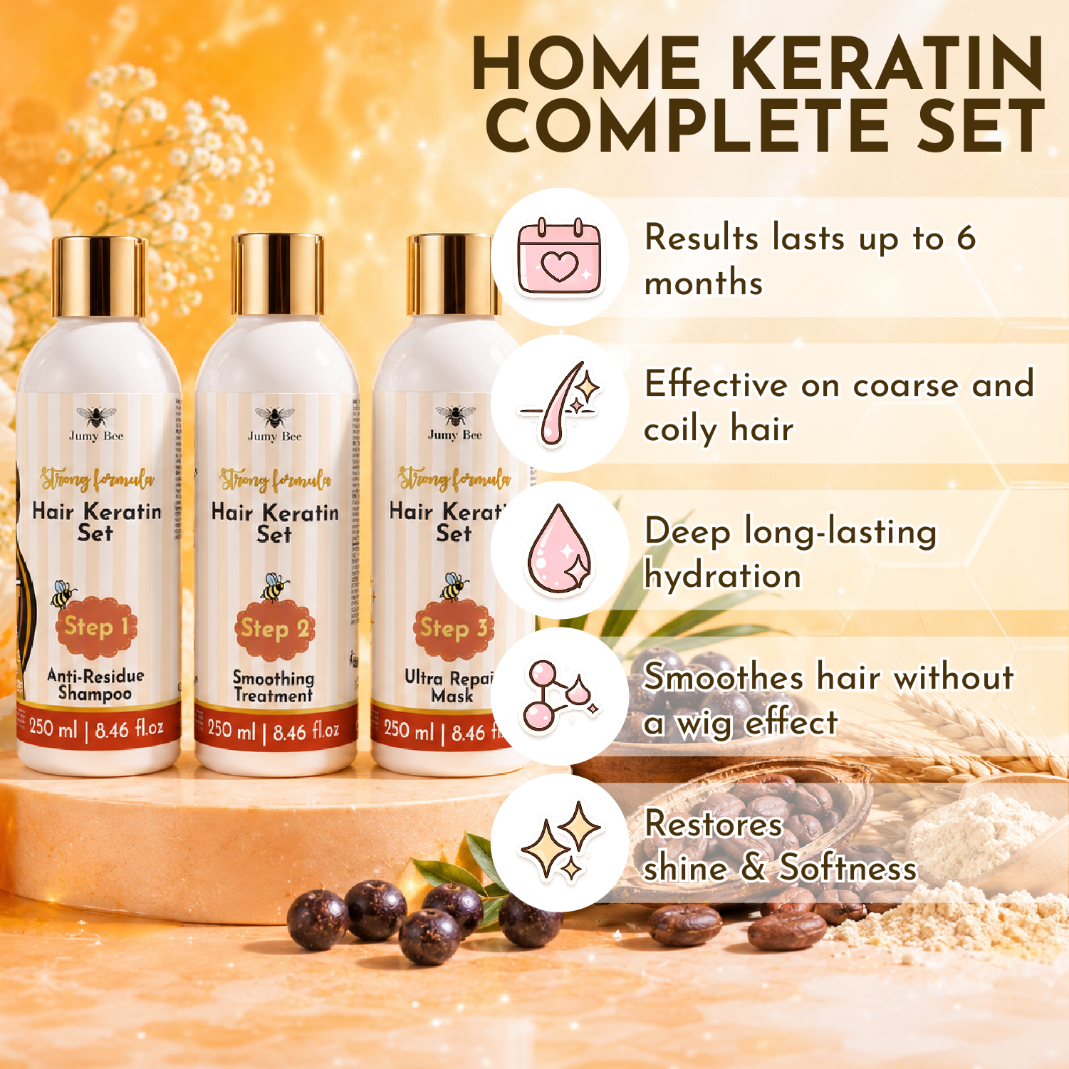Jumy Bee 3-Step Keratin Hair Treatment Set for Coarse and Coily Hair 250 ml - Image 9