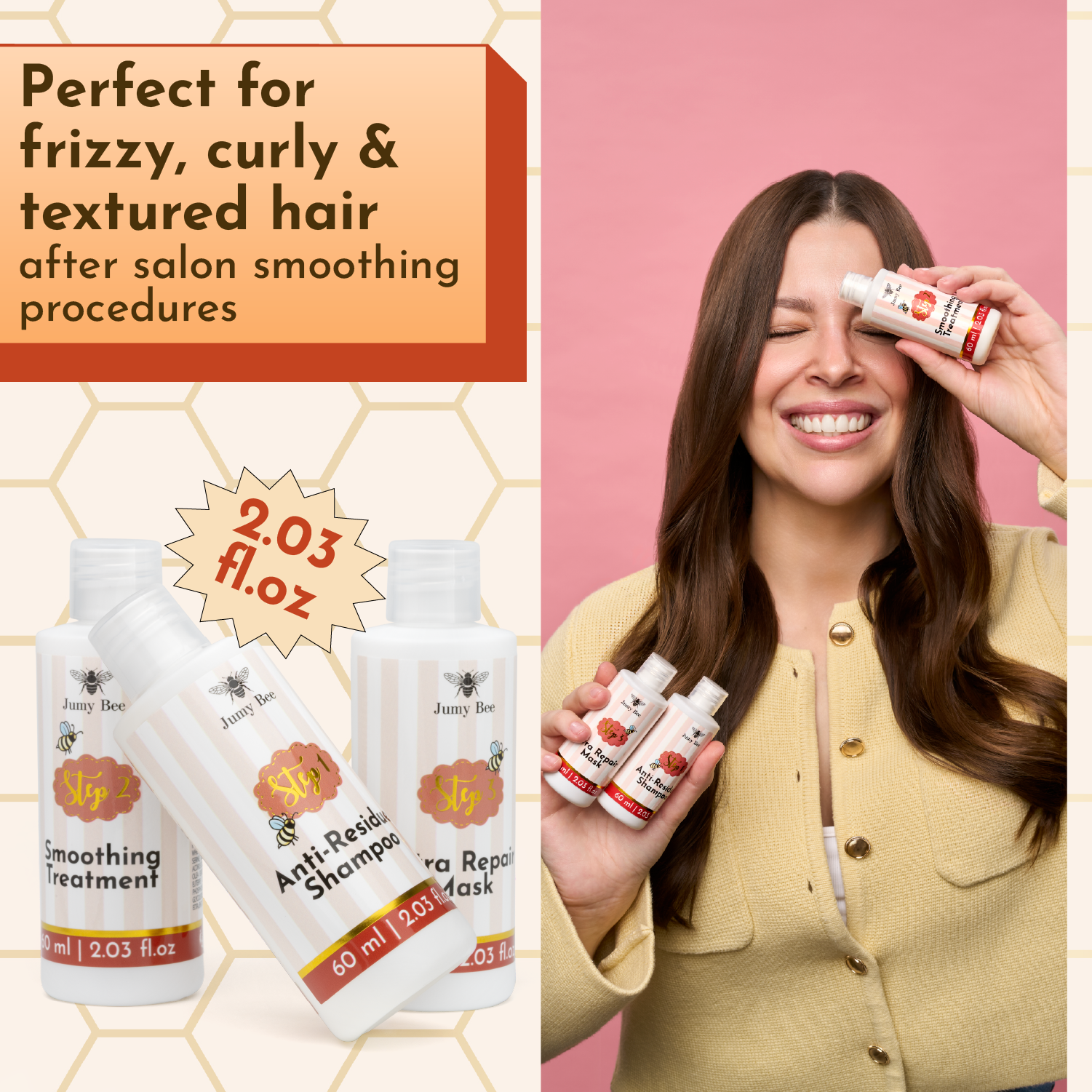 Jumy Bee 3-Step Keratin Hair Treatment Set for Coarse and Coily Hair 2 oz - Image 2
