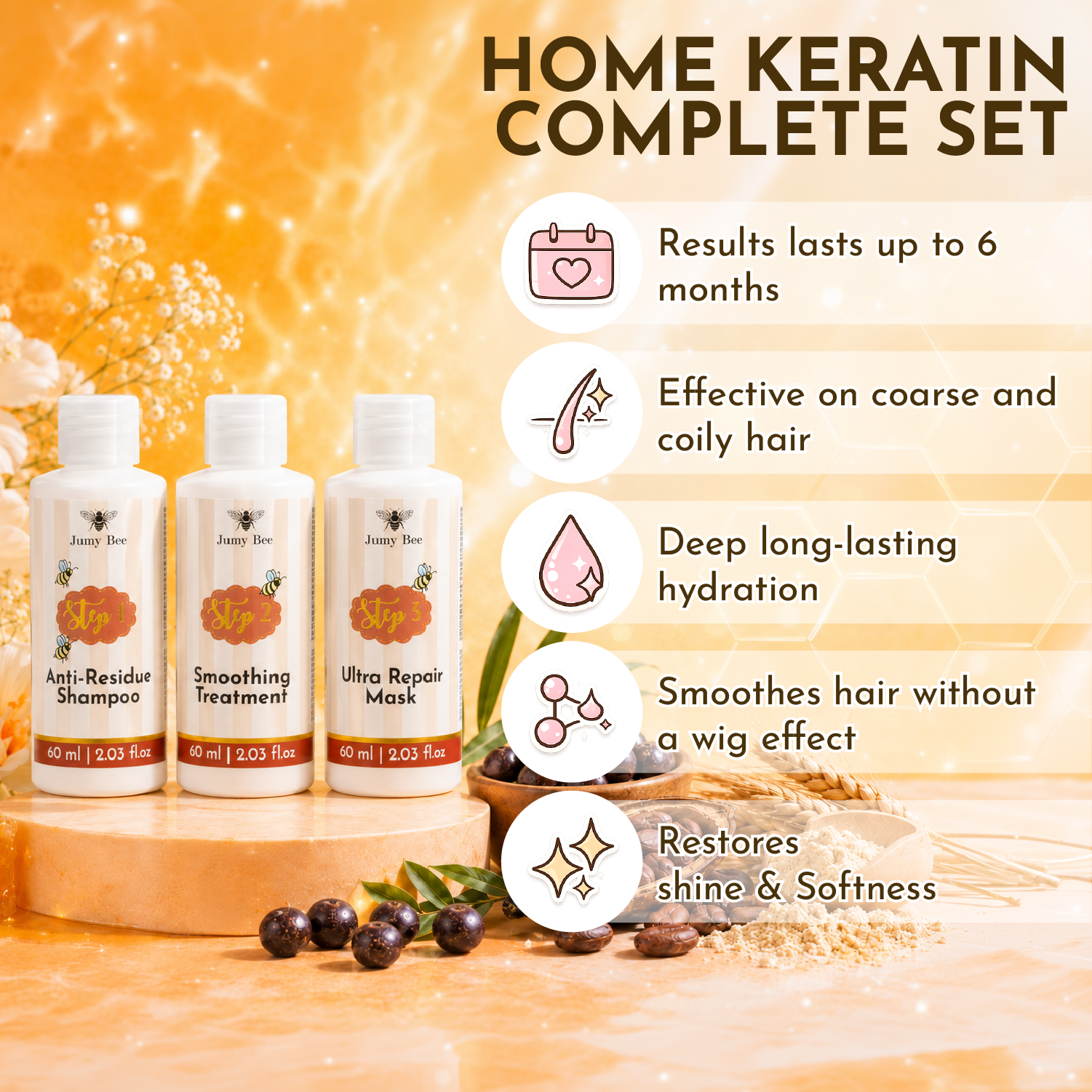 Jumy Bee 3-Step Keratin Hair Treatment Set for Coarse and Coily Hair 2 oz - Image 7