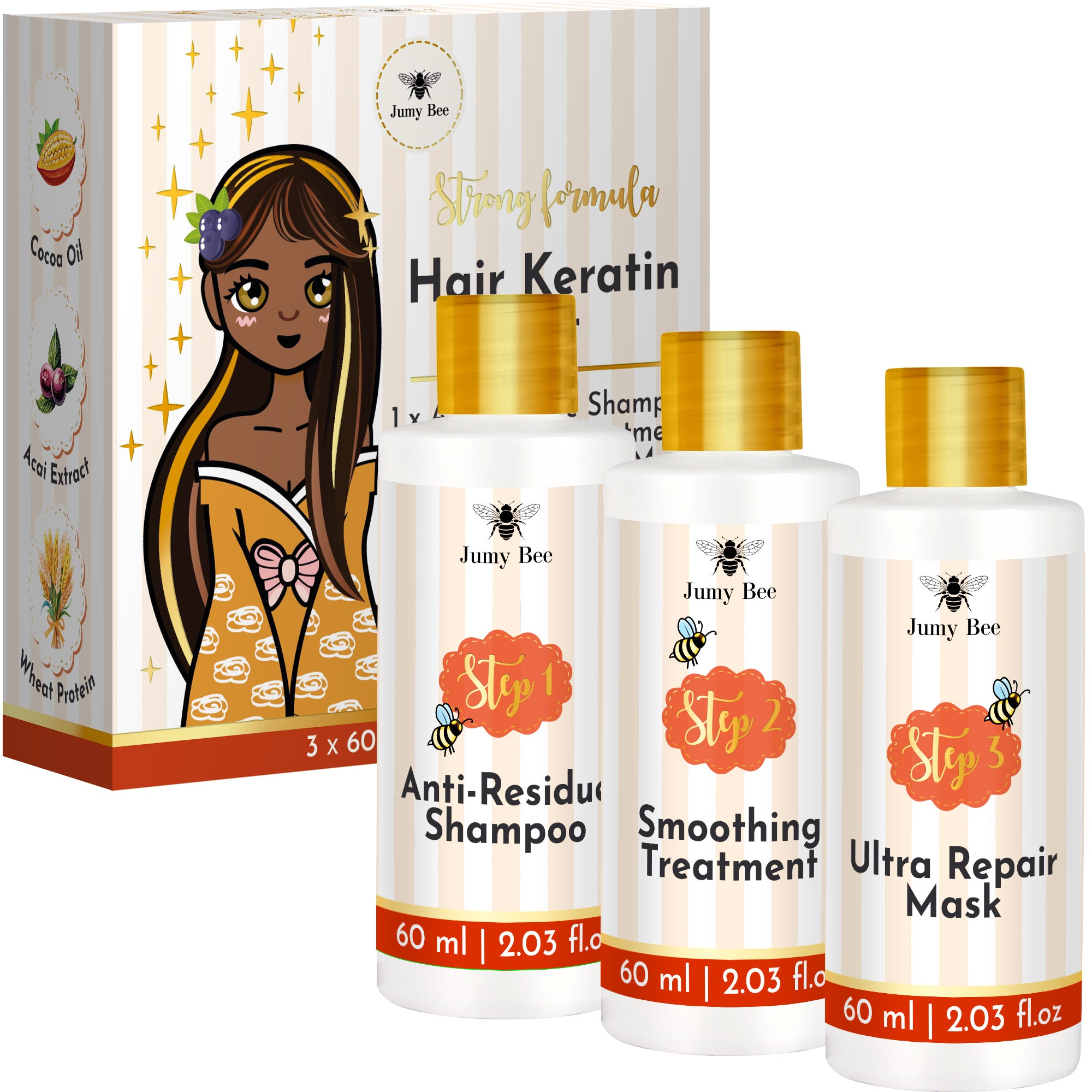 Jumy Bee 3-Step Keratin Hair Treatment Set – For Coarse & Coily Hair (3 × 2.03 oz)